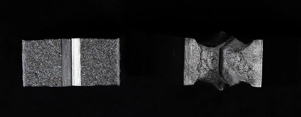 Fracture surfaces of charpy impact specimens showing brittle (left) and ductile (right) fracture (Wadher. R, 05.05.21)