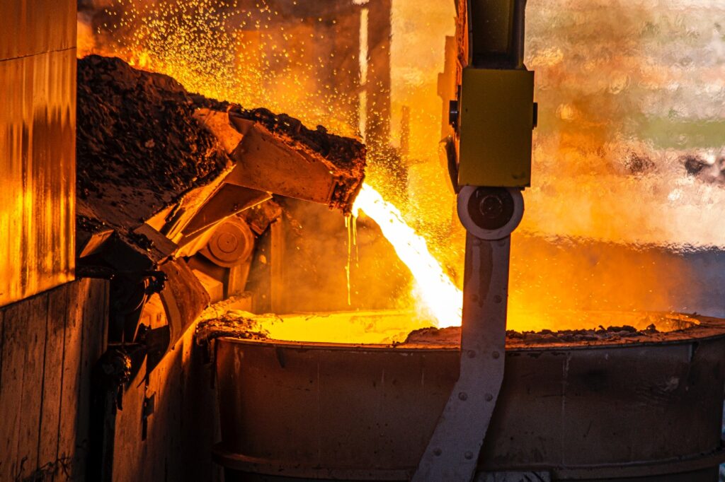Molten metal pouring during industrial steel production