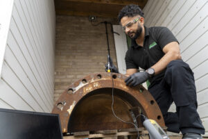 ASAMS technician carrying out portable Leeb hardness testing on a large steel flange using an Equotip hardness tester during on-site inspection.